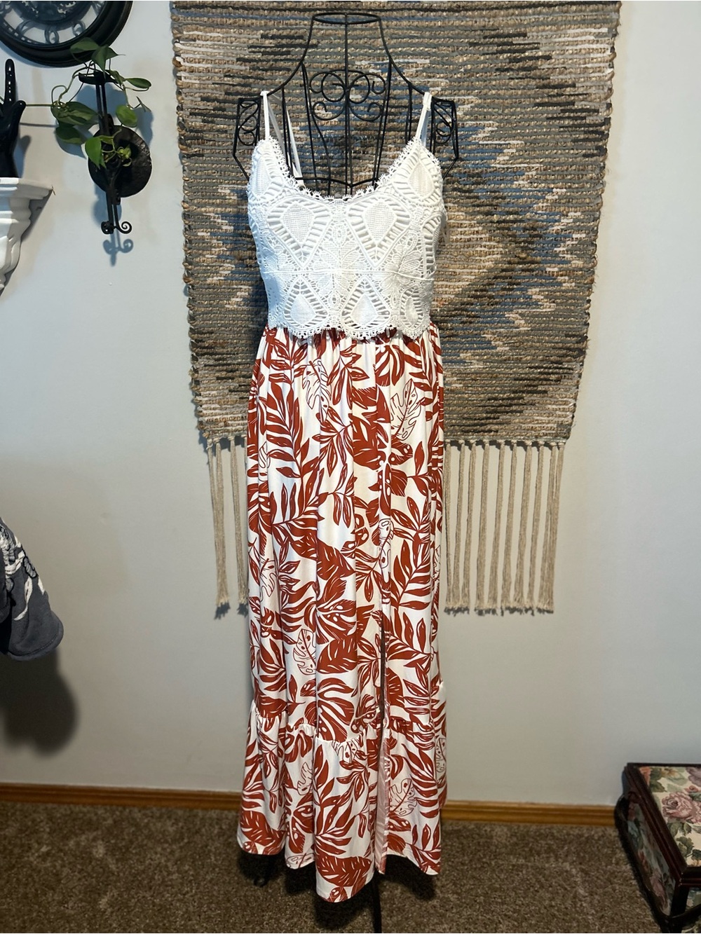 Derek Heart White Crochet Top Maxi Dress with Leaf Print